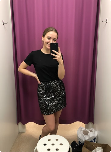 Фото из примерочной ПВЗ — девушка в чёрном платье