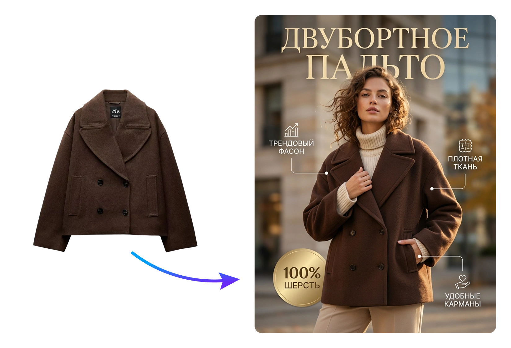 ИИ сам соберёт продающую инфографику с нуля под маркетплейс за 2 минуты. Без промтов и сложных редакторов.